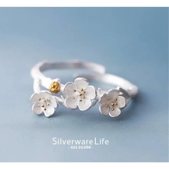 PLUM Blossom Ring  925 Sterling Silver, adjustable Cottagecore Boho Feminine - Picture 3 of 6